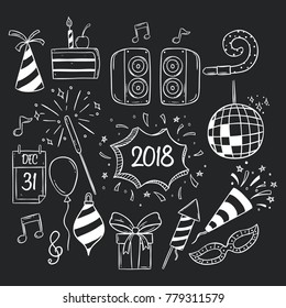 happy new year party icons collection with doodle style on chalkboard background