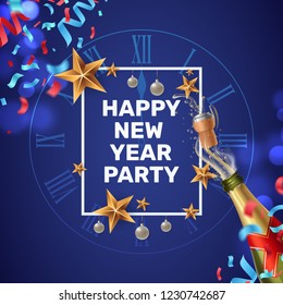 Happy New Year party invitation. Composition with a festive frame, clock face, colorful confetti and a shot of champagne. New Year greeting card template. Vector illustration