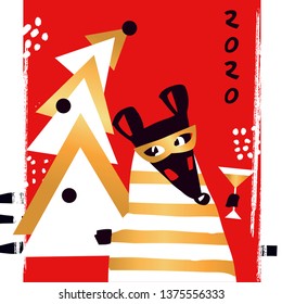 Happy new year party invitation, poster with white rat, mice on red background. Lunar horoscope sign mouse. Chinese Happy new year 2020. Silhouette funny sketch mouse with fir-tree.