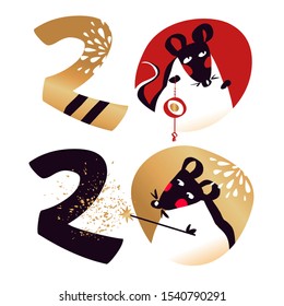 Happy new year party invitation, poster with white rat, mice. Lunar horoscope sign mouse. Chinese Happy new year 2020. Silhouette funny sketch mouse.