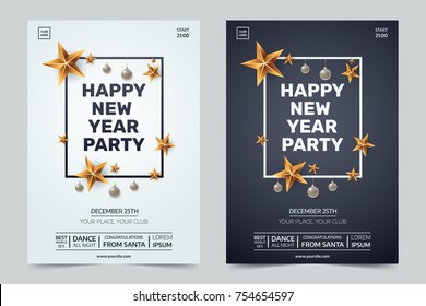 Happy new year party invitation. Black and white festive club posters with traditional decoration. Decorative frame with gold stars and Christmas balls. Xmas illustration.