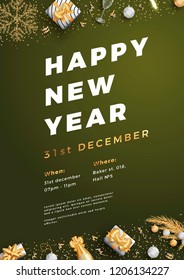 Happy new year party layout poster poster or flyer template. Holidays invitation with design elements. Vector Illustration.