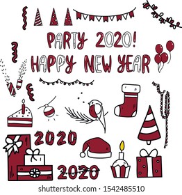 Happy New Year party and Merry Christmas vector line icons set. Hand drawn font, Santa hat, Christmas tree, gifts. Flat style on white background. For web design, mobile app, festive decoration.