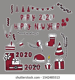 Happy New Year party and Merry Christmas vector line icons set. Hand drawn font, Santa hat, sock, garlands, gifts. Flat style. For web design, mobile app, festive decoration.