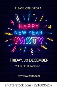 Happy New Year party neon poster with confetti. December 31 celebration. Night club event. Glowing advertising. Christmas greeting card. Winter holiday. Vector stock illustration