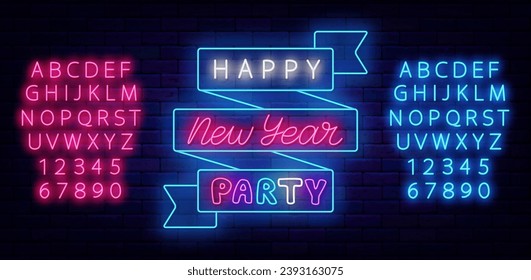 Happy New Year party neon label on brick wall. Ribbon frame. Colorful advertising with tape. Shiny pink and blue alphabet. December event. Glowing banner. Vector stock illustration