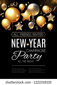 Happy New Year Party Poster Template. Realistic Glossy Balls. Vector illustration
