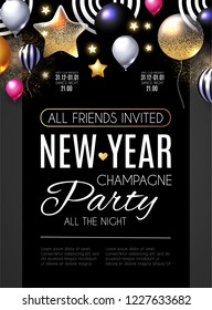 Happy New Year Party Poster Template. Realistic Glossy Balls. Vector illustration