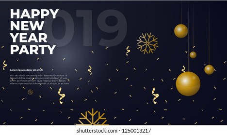 Happy New Year Party Poster Vector Design with Christmas Elements on Dark Background Banner