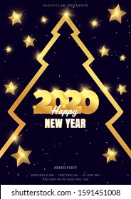 Happy new year party poster background with gold Christmas Tree on dark blue background. Party celebration poster template with shiny gold stars. Holiday premium invitation flyer or promo banner