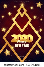 Happy new year party poster background with gold Christmas Tree on red background. Party celebration poster template with shiny gold stars. Holiday premium invitation flyer or promo banner