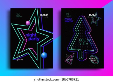 Happy New Year Party Poster Design With Neon Color Christmas Tree And Star. Luminosity Xmas Vector Decoration.