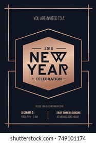 Happy New Year party rose gold invitation card. Geometric Christmas card on navy blue background. Vector illustration