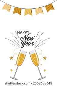 Happy New Year Party Template or Card Design with Cheers Wine Glass and Bunting Flag Decoration Illustration.