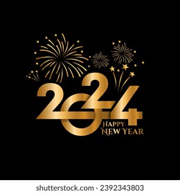happy new year party vector, elegant with gold pattern and black background, new year fireworks