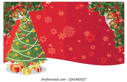 Happy New Year past. Starry green Christmas tree and snow covered gift box on red round studio podium, Xmas Decorations. vector illustration