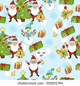 Happy new year pattern with Santa Claus, christmas tree, gifts, bell, stars, cock, rooster and snowman. Funny pattern on a blue background. 