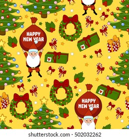 Happy new year pattern with Santa Claus, christmas tree, gifts, bell, stars, wreath. Funny pattern on a yellow background. 