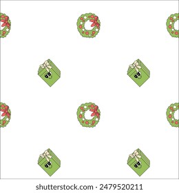 Patrón de feliz año nuevo con Elementos y2k. Fondo de los personajes Groovy con santa, bola de nieve, árbol de navidad, regalos. Navidades patrón hippie groovy con personajes retro en 60, 70, y2k estilo