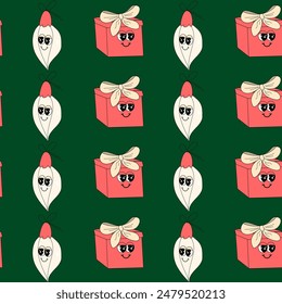 Happy new year pattern with y2k elements. Groovy characters background with santa, snow ball, xmas tree, gifts. Christmas groovy hippie pattern with retro characters in 60s, 70s, y2k style