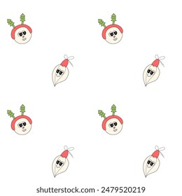 Happy new year pattern with y2k elements. Groovy characters background with santa, snow ball, xmas tree, gifts. Christmas groovy hippie pattern with retro characters in 60s, 70s, y2k style