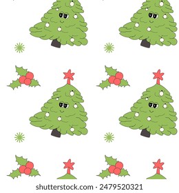 Happy new year pattern with y2k elements. Groovy characters background with santa, snow ball, xmas tree, gifts. Christmas groovy hippie pattern with retro characters in 60s, 70s, y2k style