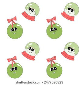Happy new year pattern with y2k elements. Groovy characters background with santa, snow ball, xmas tree, gifts. Christmas groovy hippie pattern with retro characters in 60s, 70s, y2k style