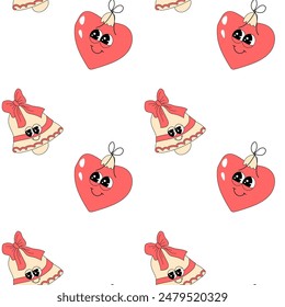Happy new year pattern with y2k elements. Groovy characters background with santa, snow ball, xmas tree, gifts. Christmas groovy hippie pattern with retro characters in 60s, 70s, y2k style