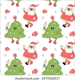 Patrón de feliz año nuevo con Elementos y2k. Fondo de los personajes Groovy con santa, bola de nieve, árbol de navidad, regalos. Navidades patrón hippie groovy con personajes retro en 60, 70, y2k estilo