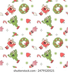 Patrón de feliz año nuevo con Elementos y2k. Fondo de los personajes Groovy con santa, bola de nieve, árbol de navidad, regalos. Navidades patrón hippie groovy con personajes retro en 60, 70, y2k estilo