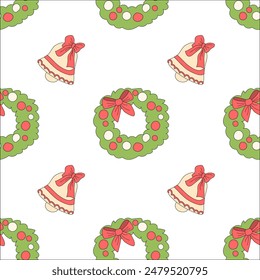 Happy new year pattern with y2k elements. Groovy characters background with santa, snow ball, xmas tree, gifts. Christmas groovy hippie pattern with retro characters in 60s, 70s, y2k style