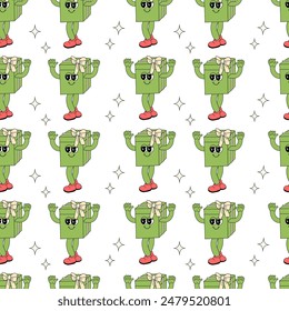 Happy new year pattern with y2k elements. Groovy characters background with santa, snow ball, xmas tree, gifts. Christmas groovy hippie pattern with retro characters in 60s, 70s, y2k style