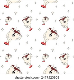 Happy new year pattern with y2k elements. Groovy characters background with santa, snow ball, xmas tree, gifts. Christmas groovy hippie pattern with retro characters in 60s, 70s, y2k style