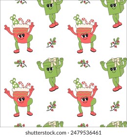 Happy new year pattern with y2k elements. Groovy characters background with santa, snow ball, xmas tree, gifts. Christmas groovy hippie pattern with retro characters in 60s, 70s, y2k style