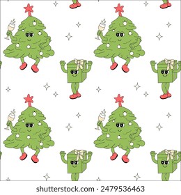 Happy new year pattern with y2k elements. Groovy characters background with santa, snow ball, xmas tree, gifts. Christmas groovy hippie pattern with retro characters in 60s, 70s, y2k style