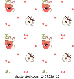 Happy new year pattern with y2k elements. Groovy characters background with santa, snow ball, xmas tree, gifts. Christmas groovy hippie pattern with retro characters in 60s, 70s, y2k style