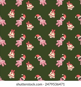 Happy New Year Muster mit y2k Elemente. Groovy Charaktere Hintergrund mit Weihnachtsmann, Schneeball, Weihnachtsbaum, Geschenke. Weihnachtsmusiken Groovy Hippie-Muster mit Retro-Figuren in 60er, 70er, Y2K-Stil