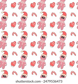Happy new year pattern with y2k elements. Groovy characters background with santa, snow ball, xmas tree, gifts. Christmas groovy hippie pattern with retro characters in 60s, 70s, y2k style