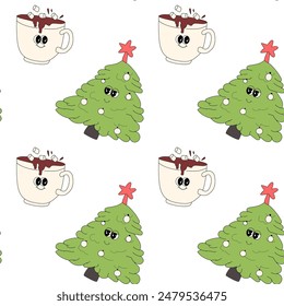 Happy new year pattern with y2k elements. Groovy characters background with santa, snow ball, xmas tree, gifts. Christmas groovy hippie pattern with retro characters in 60s, 70s, y2k style