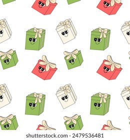 Happy new year pattern with y2k elements. Groovy characters background with santa, snow ball, xmas tree, gifts. Christmas groovy hippie pattern with retro characters in 60s, 70s, y2k style