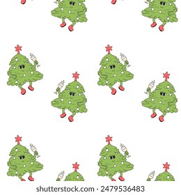 Happy new year pattern with y2k elements. Groovy characters background with santa, snow ball, xmas tree, gifts. Christmas groovy hippie pattern with retro characters in 60s, 70s, y2k style