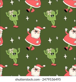 Happy new year pattern with y2k elements. Groovy characters background with santa, snow ball, xmas tree, gifts. Christmas groovy hippie pattern with retro characters in 60s, 70s, y2k style