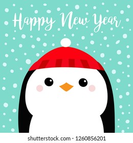 Happy New Year. Penguin head face. Red hat. Merry Christmas. Cute cartoon kawaii baby character. Arctic animal. Flat design. Hello winter. Blue snow background. Vector illustration