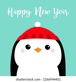 Happy New Year. Penguin head face. Red hat. Merry Christmas. Cute cartoon kawaii baby character. Arctic animal. Flat design. Hello winter. Blue background. Vector illustration