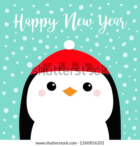 Happy New Year. Penguin head face. Red hat. Merry Christmas. Cute cartoon kawaii baby character. Arctic animal. Flat design. Hello winter. Blue snow background. Vector illustration