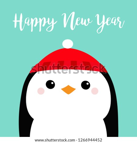 Happy New Year. Penguin head face. Red hat. Merry Christmas. Cute cartoon kawaii baby character. Arctic animal. Flat design. Hello winter. Blue background. Vector illustration