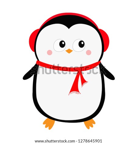 Happy New Year. Penguin icon. Red headphones hat. Merry Christmas. Cute cartoon kawaii baby character. Arctic animal. Flat design. Hello winter. Isolated. White background. Vector illustration