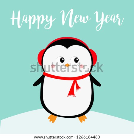 Happy New Year. Penguin on snowdrift. Red headphones hat. Merry Christmas. Cute cartoon kawaii baby character. Arctic animal. Flat design. Hello winter. Blue background. Vector illustration