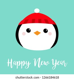 Happy New Year. Penguin round head face icon. Red hat. Merry Christmas. Cute cartoon kawaii baby character. Arctic animal. Flat design. Hello winter. Blue background. Vector illustration