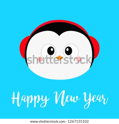Happy New Year. Penguin round head face icon. Red headphones hat. Merry Christmas. Cute cartoon kawaii baby character. Arctic animal. Flat design. Hello winter. Blue background. Vector illustration